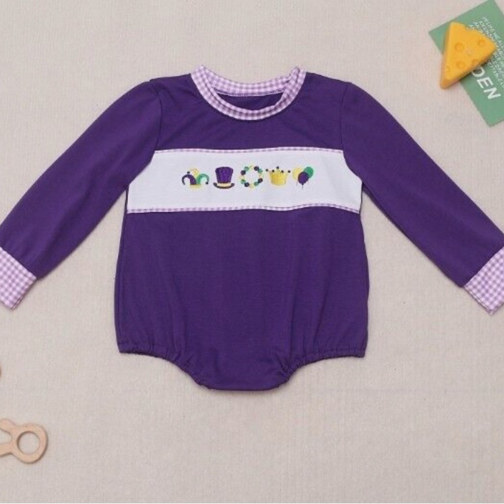 Mardi Gras Purple Long Sleeve Baby Romper